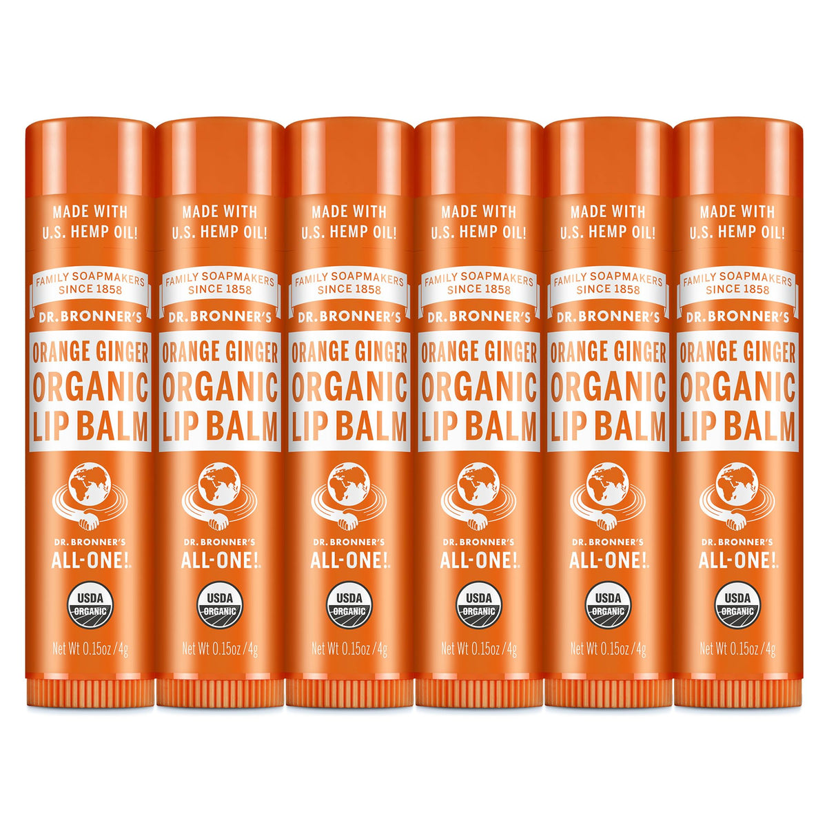 dr. bronner's front packaging showing six orange ginger tubes for easy identification and storage