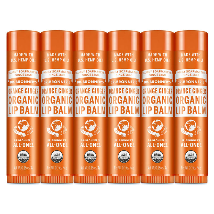 dr. bronner's front packaging showing six orange ginger tubes for easy identification and storage