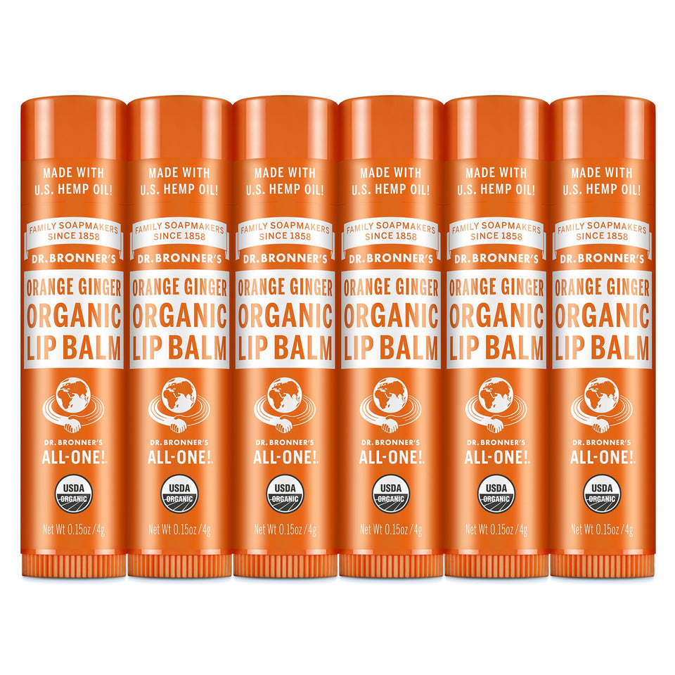 dr. bronner's front packaging showing six orange ginger tubes for easy identification and storage