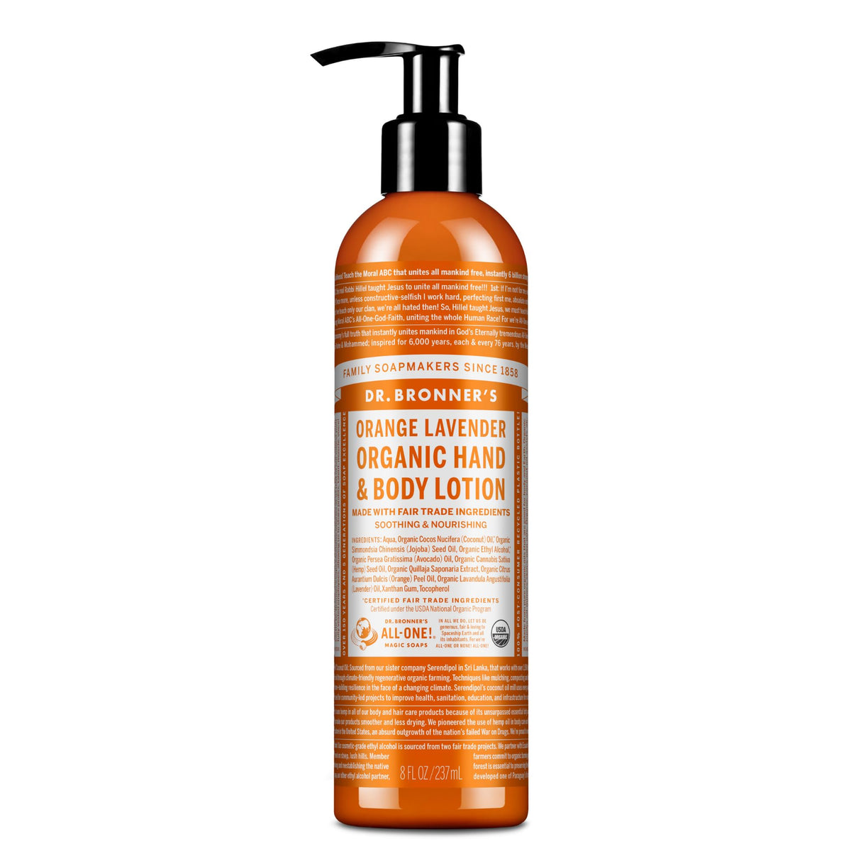 Dr. Bronner's front packaging showing orange lavender scent and quick hydration