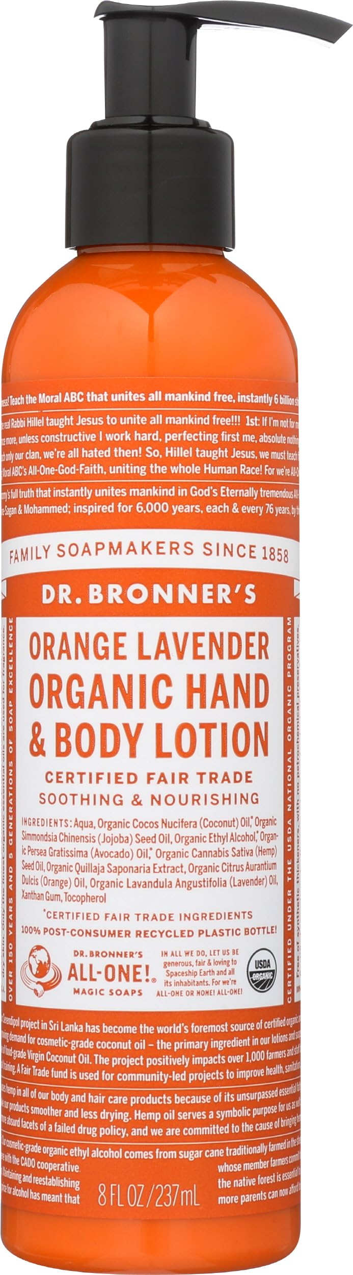 Dr. Bronner's bottle front view showing orange lavender label and calming aroma benefit