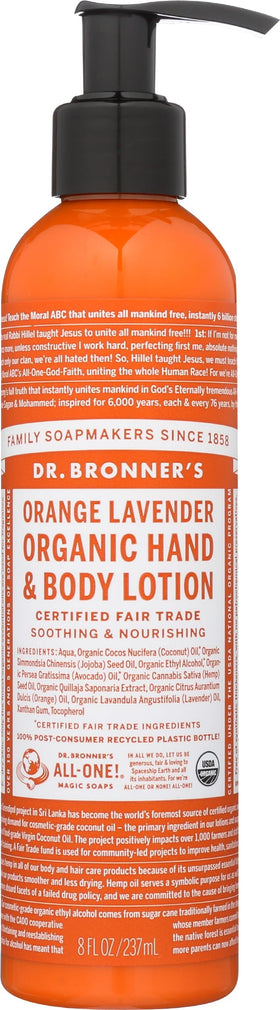 Dr. Bronner's bottle front view showing orange lavender label and calming aroma benefit