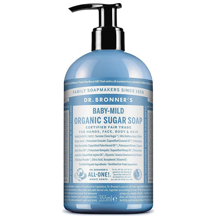 Dr. Bronner's front bottle view showing label and mild unscented benefit