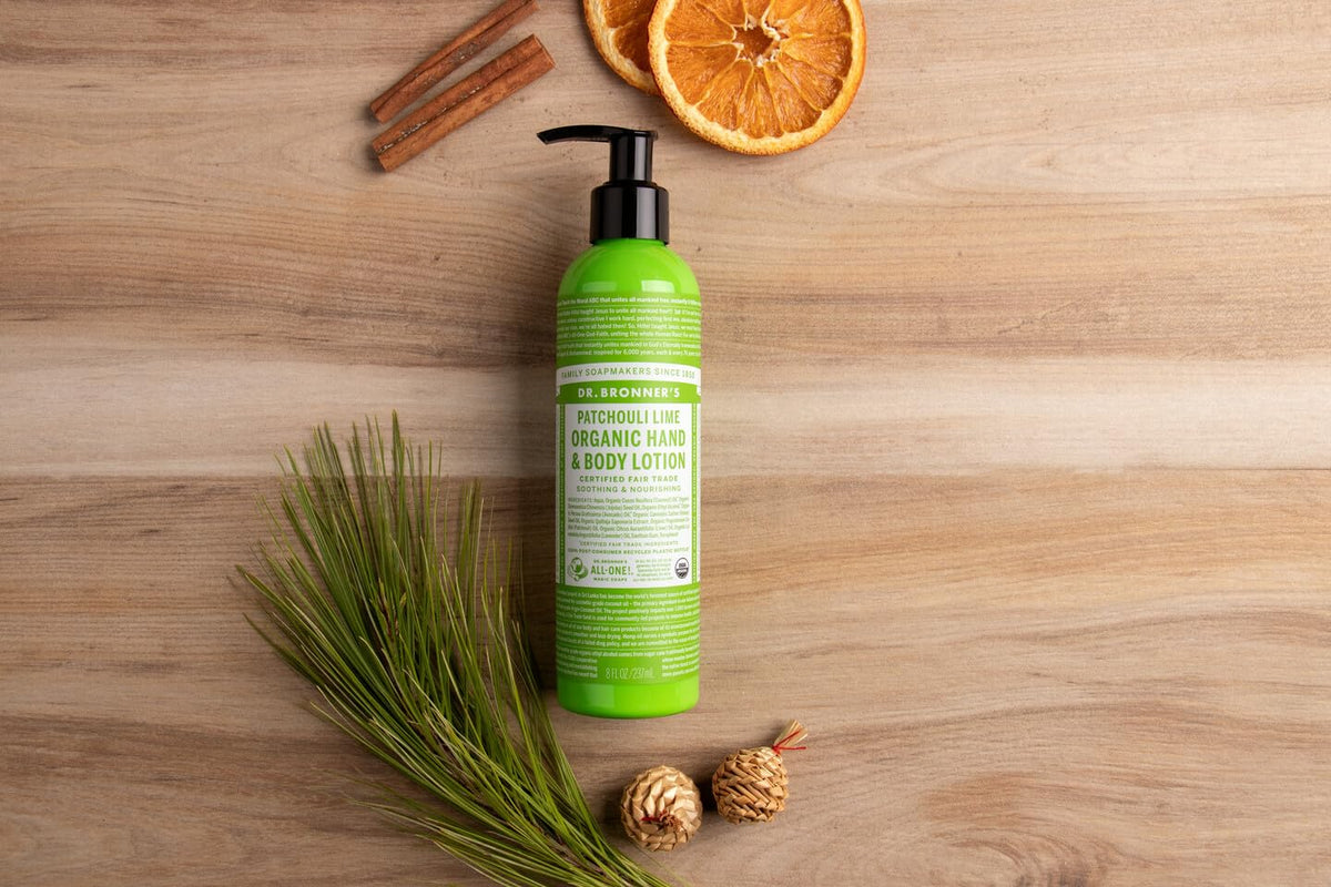 Dr. Bronner's lotion in use on forearm demonstrating hydration and subtle patchouli lime scent