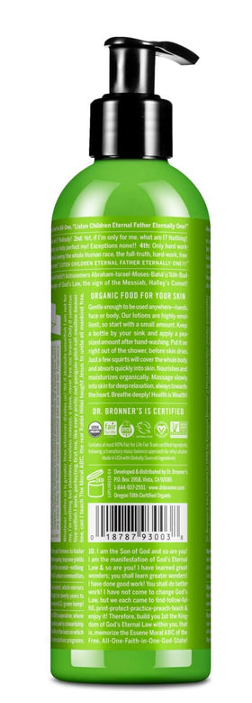 Dr. Bronner's lotion texture close-up highlighting organic jojoba sheen and quick absorption benefit