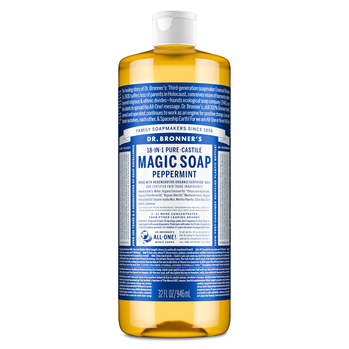 Dr. Bronner's peppermint 32oz front label showing organic certification and scent