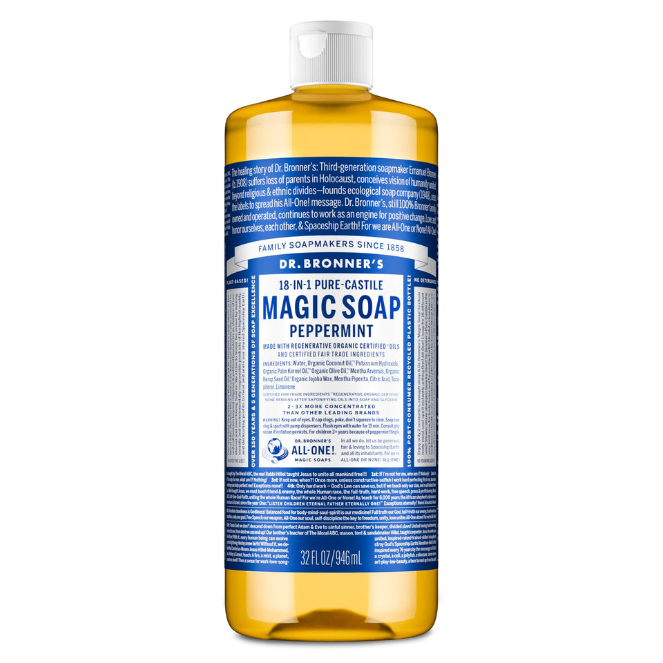 Dr. Bronner's peppermint 32oz front label showing organic certification and scent