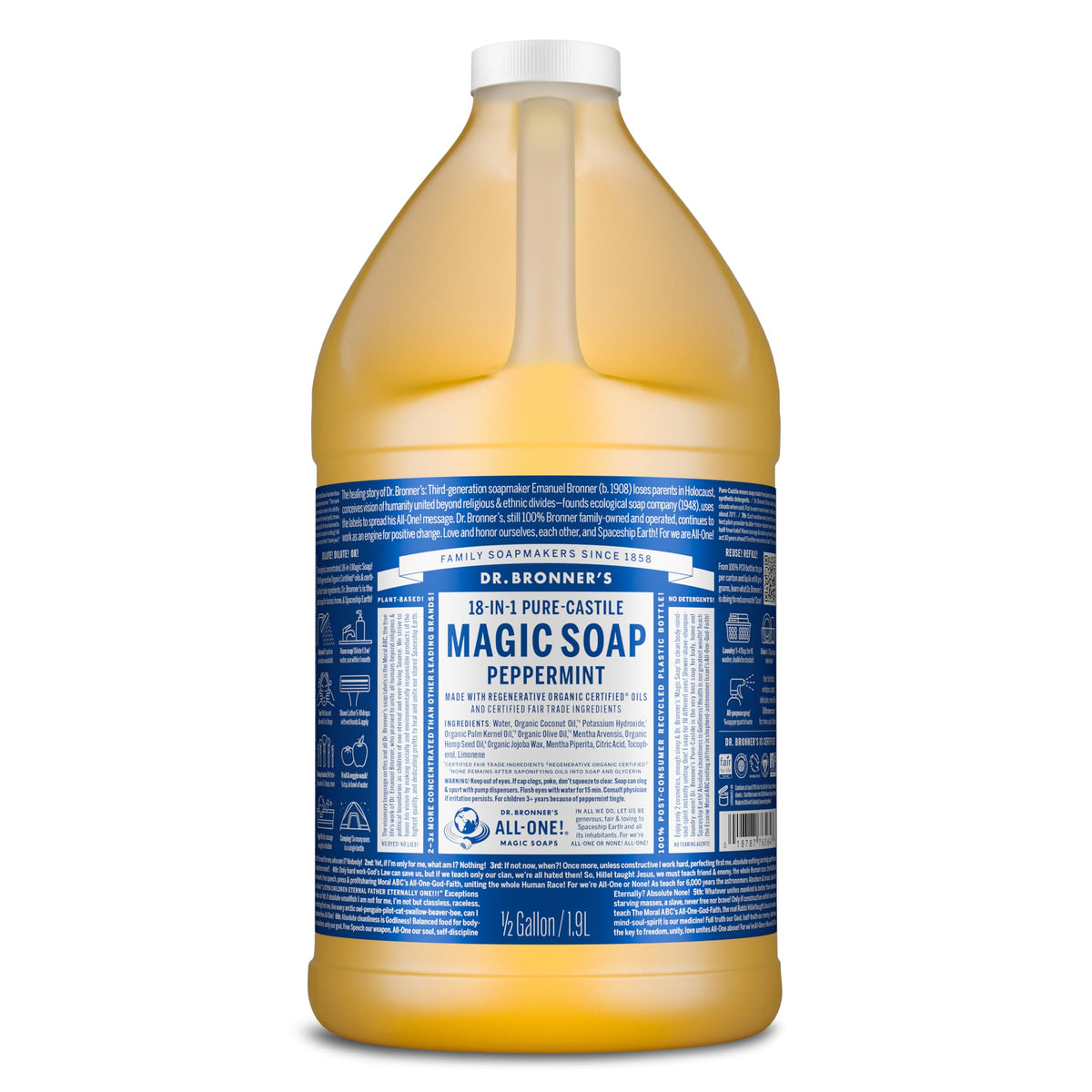 dr. bronner's front label on peppermint 64 oz bottle showing product identity and benefits
