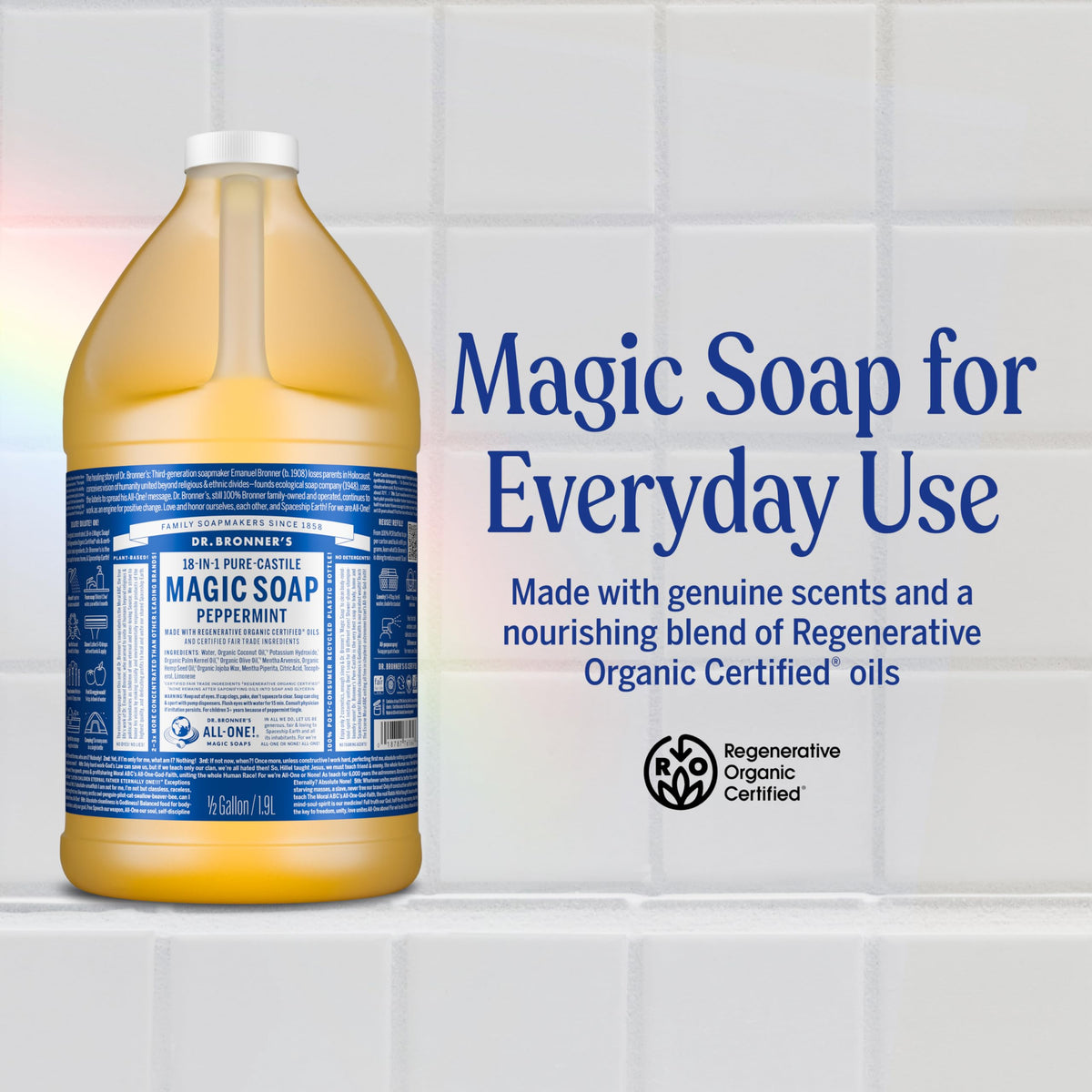 dr. bronner's pouring peppermint soap concentrate into a measuring cup for dilution