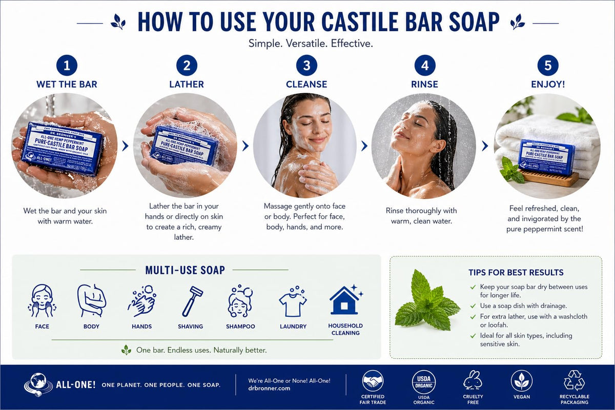 Dr. Bronner's bar styled in bathroom setting demonstrating refreshing use