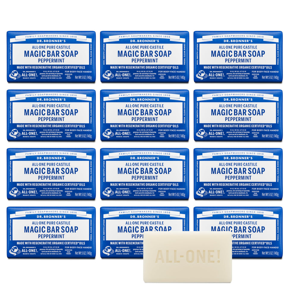 Dr. Bronner's front packaging showing peppermint bar and recyclable benefit