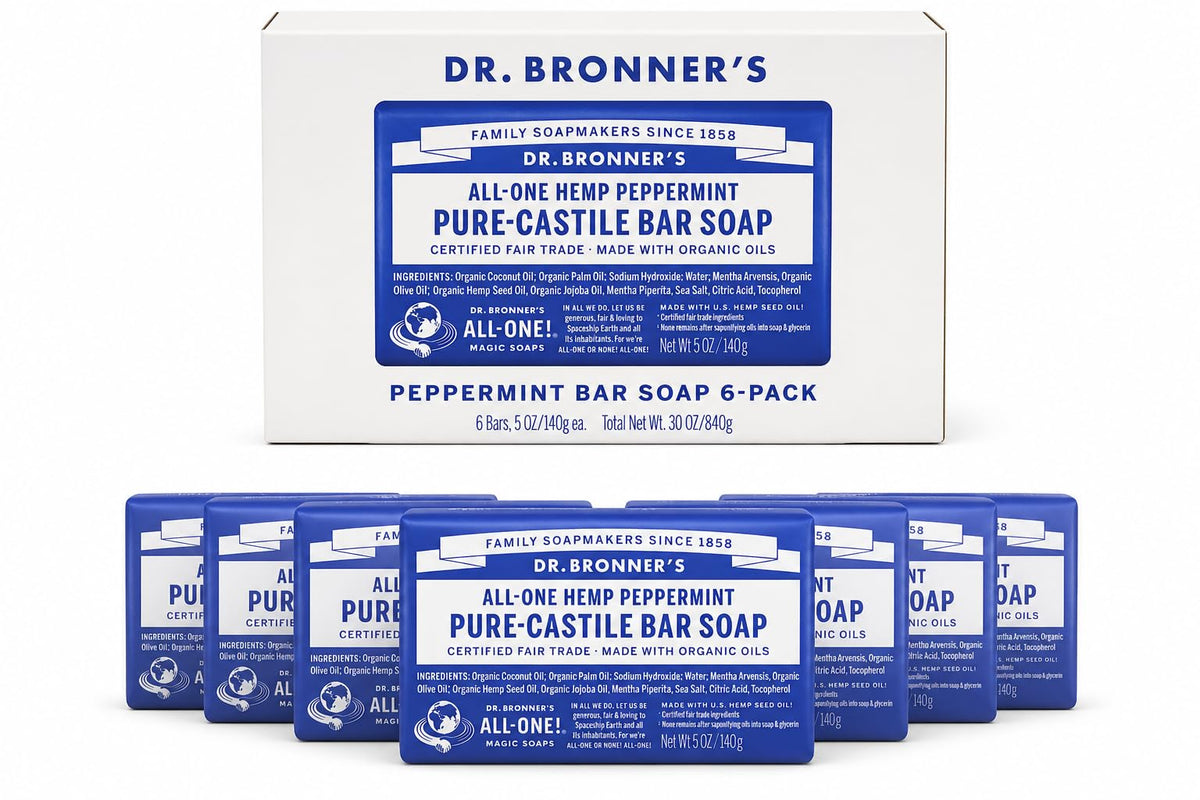 Dr. Bronner's bar front packaging showing branding and peppermint scent benefit