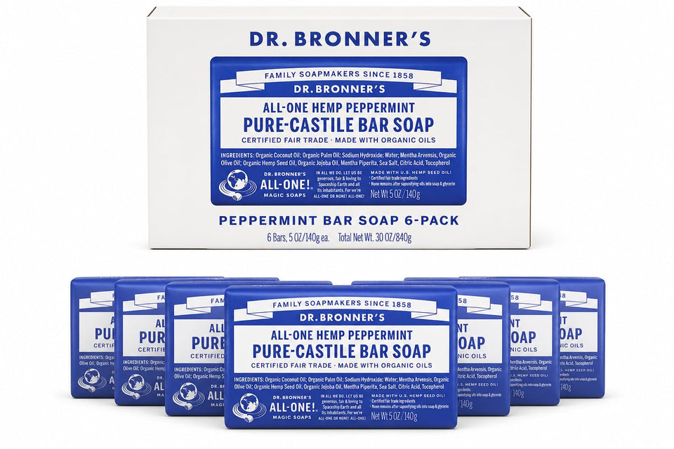 Dr. Bronner's bar front packaging showing branding and peppermint scent benefit