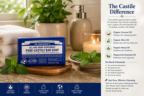 Dr. Bronner's ingredient label listing organic oils and fair-trade sourcing