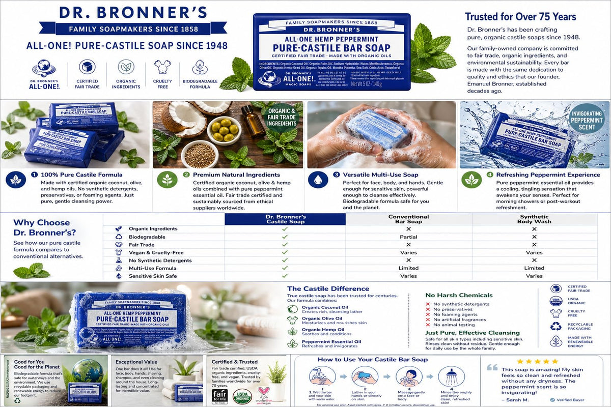 Dr. Bronner's six bars stacked to show value pack convenience