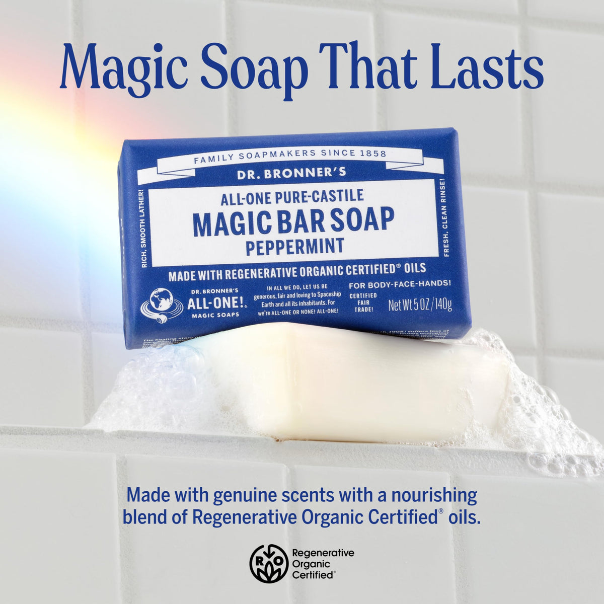 Dr. Bronner's unwrapped peppermint bar top view highlighting usable form
