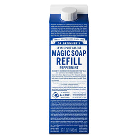 Dr. Bronner's peppermint front carton showing product and refill benefit