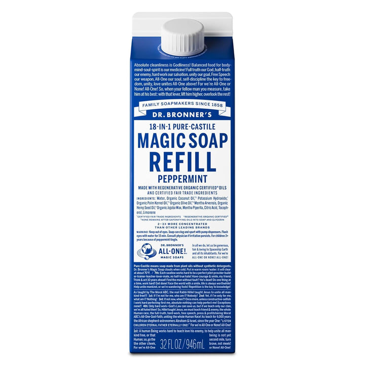 Dr. Bronner's peppermint front carton showing product and refill benefit