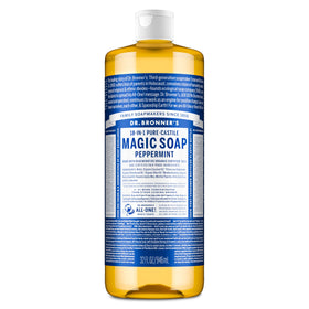 Dr. Bronner's peppermint bottle front view showing label and size benefit