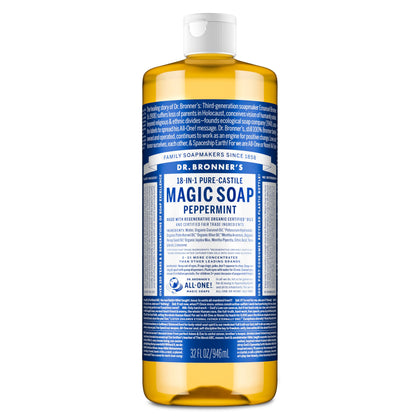 Dr. Bronner's peppermint bottle front view showing label and size benefit