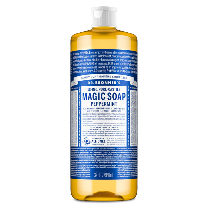 Dr. Bronner's peppermint bottle front view showing label and size benefit