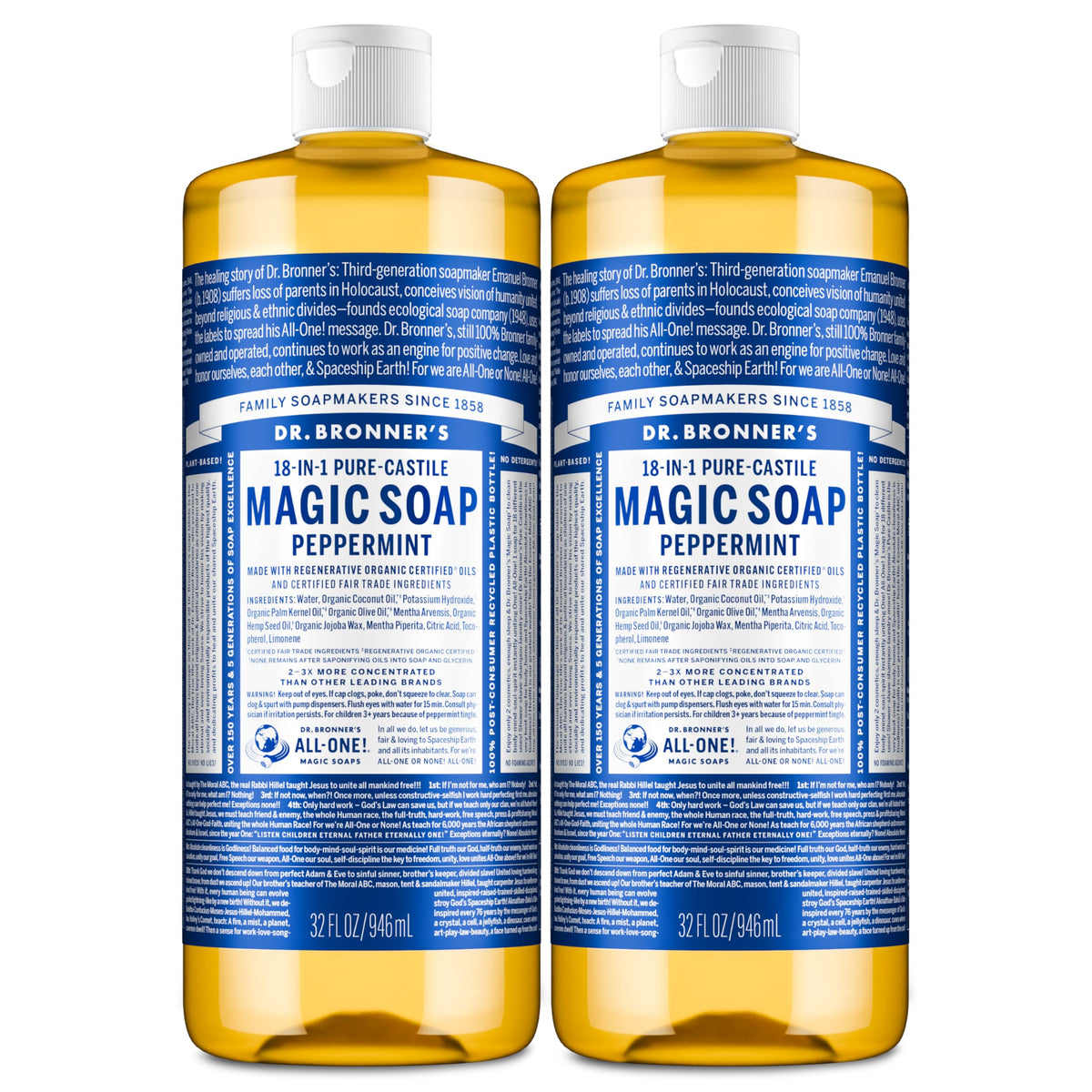 Dr. Bronner's front packaging showing peppermint label and volume benefit