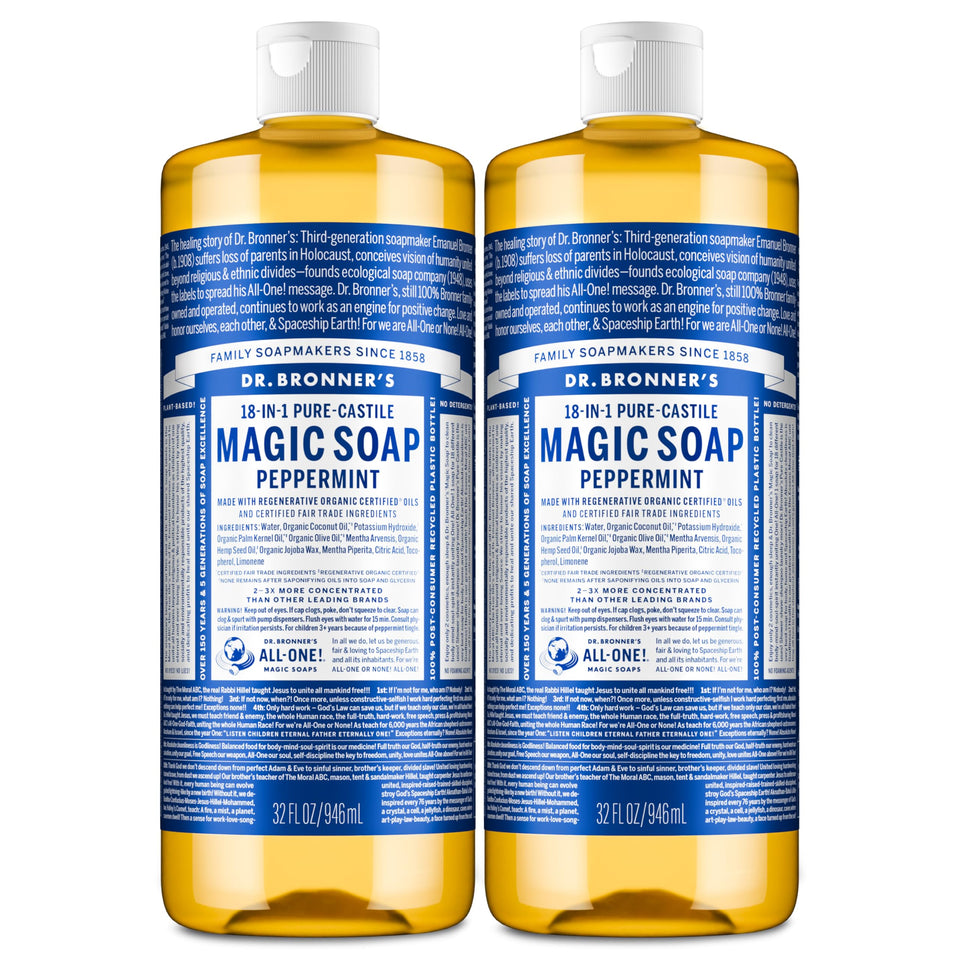 Dr. Bronner's front packaging showing peppermint label and volume benefit