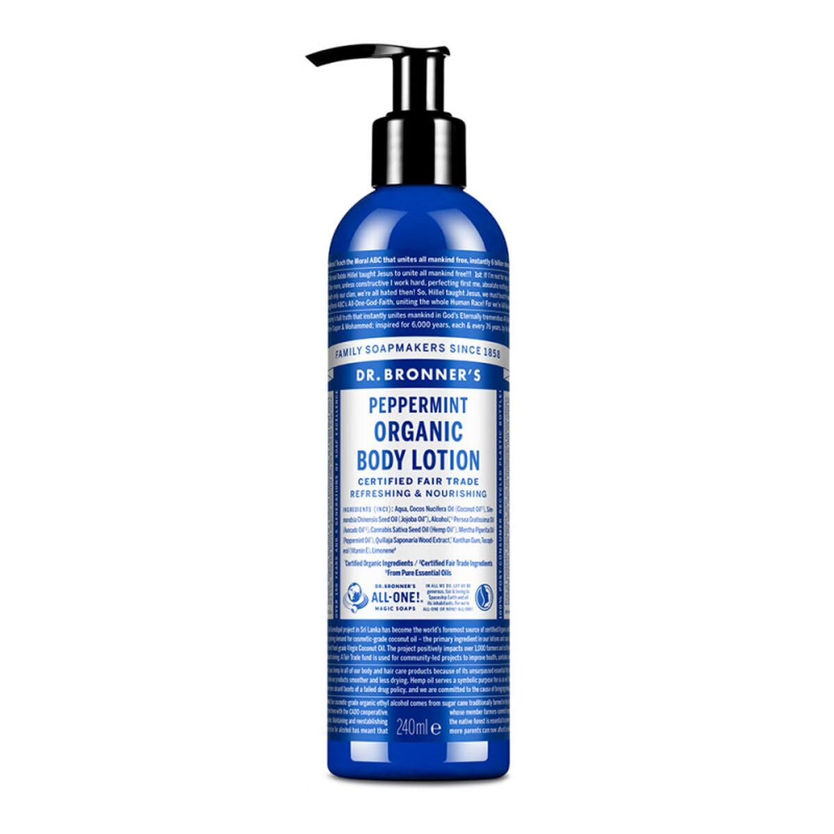 Dr. Bronner's front packaging showing label and peppermint scent benefit