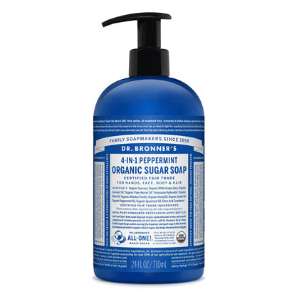 Dr. Bronner's front packaging showing peppermint soap and benefits