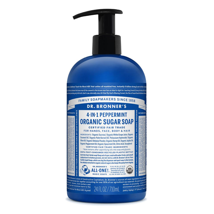 Dr. Bronner's front packaging showing peppermint soap and benefits