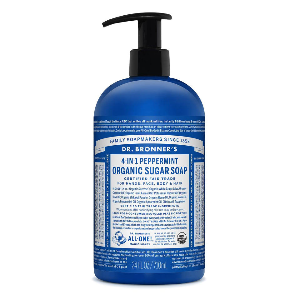 Dr. Bronner's front packaging showing peppermint soap and benefits