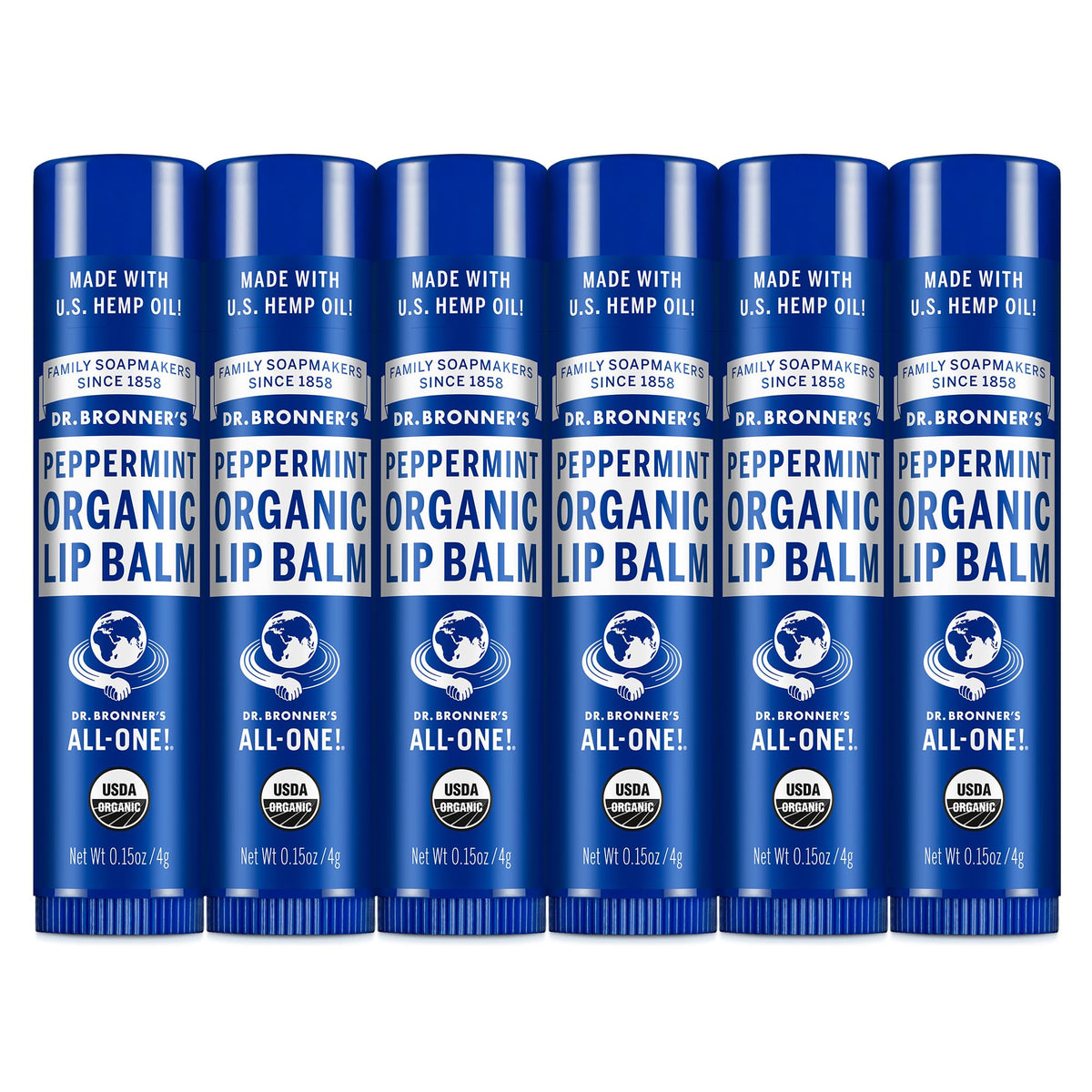 Dr. Bronner's front packaging showing peppermint lip balm six-pack and organic benefits