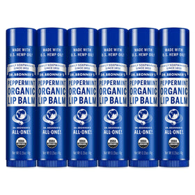 Dr. Bronner's front packaging showing peppermint lip balm six-pack and organic benefits