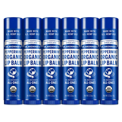 Dr. Bronner's front packaging showing peppermint lip balm six-pack and organic benefits