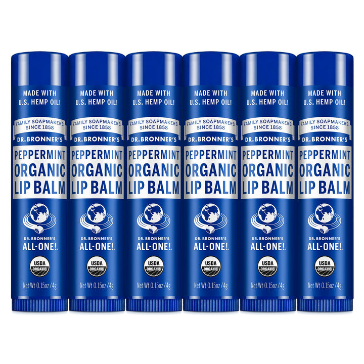 Dr. Bronner's front packaging showing peppermint lip balm six-pack and organic benefits