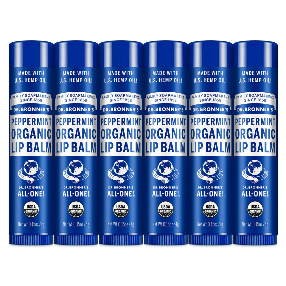 Dr. Bronner's front packaging showing peppermint lip balm six-pack and organic benefits