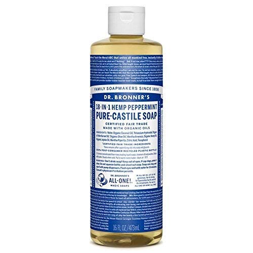 Dr. Bronner's front bottle view showing peppermint label and versatile cleaning benefit