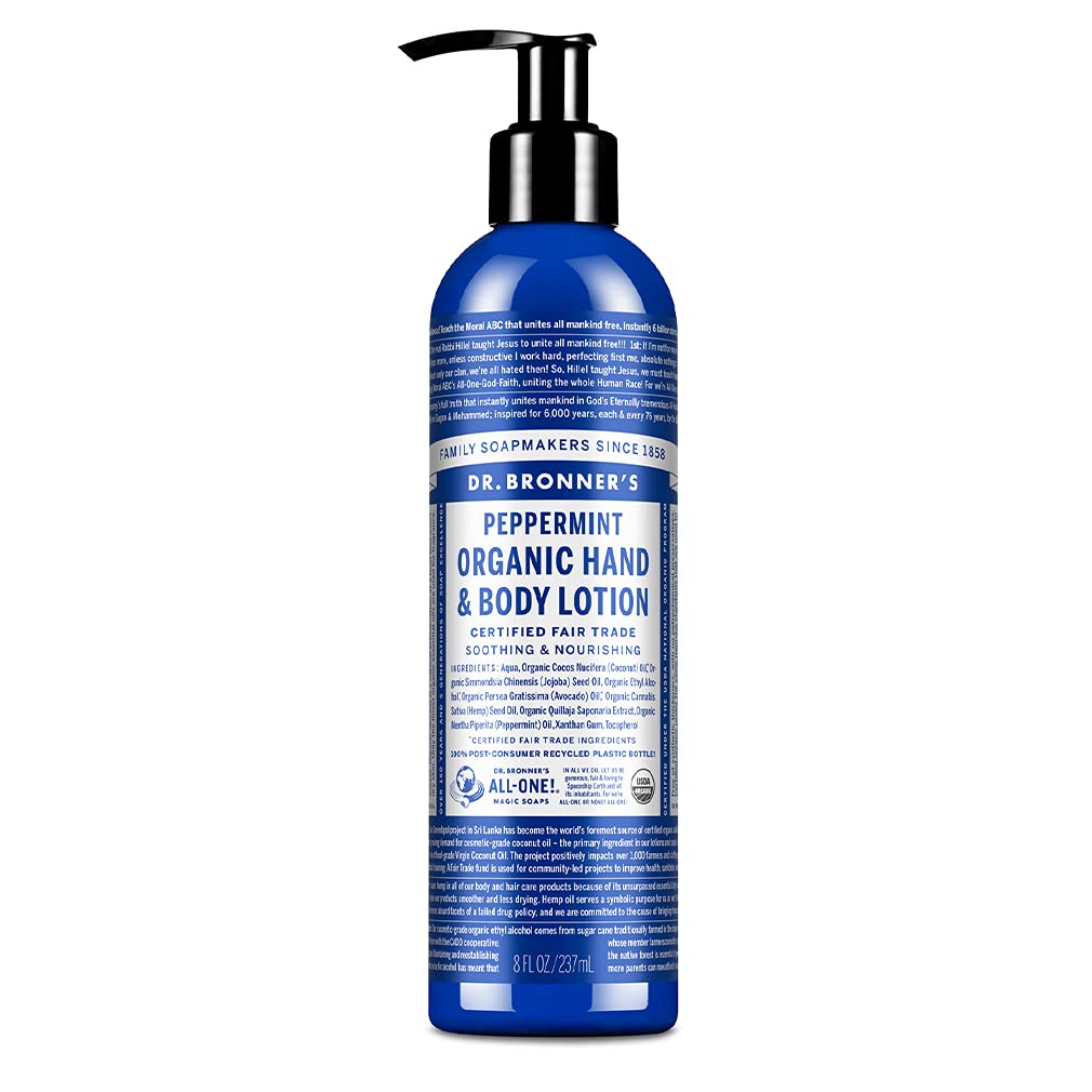 Dr. Bronner's front bottle view showing peppermint lotion and easy-pump dispensing benefit