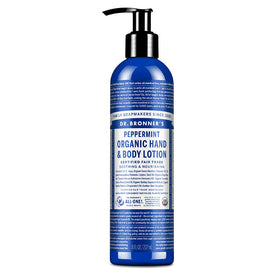 Dr. Bronner's front bottle view showing peppermint lotion and easy-pump dispensing benefit