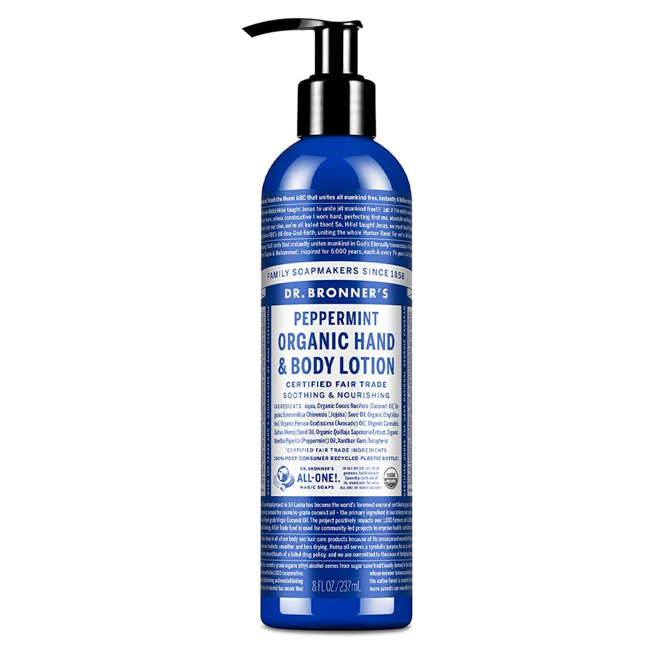 Dr. Bronner's front bottle view showing peppermint lotion and easy-pump dispensing benefit