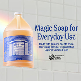 Dr. Bronner's peppermint soap pouring from bottle to show concentrated texture