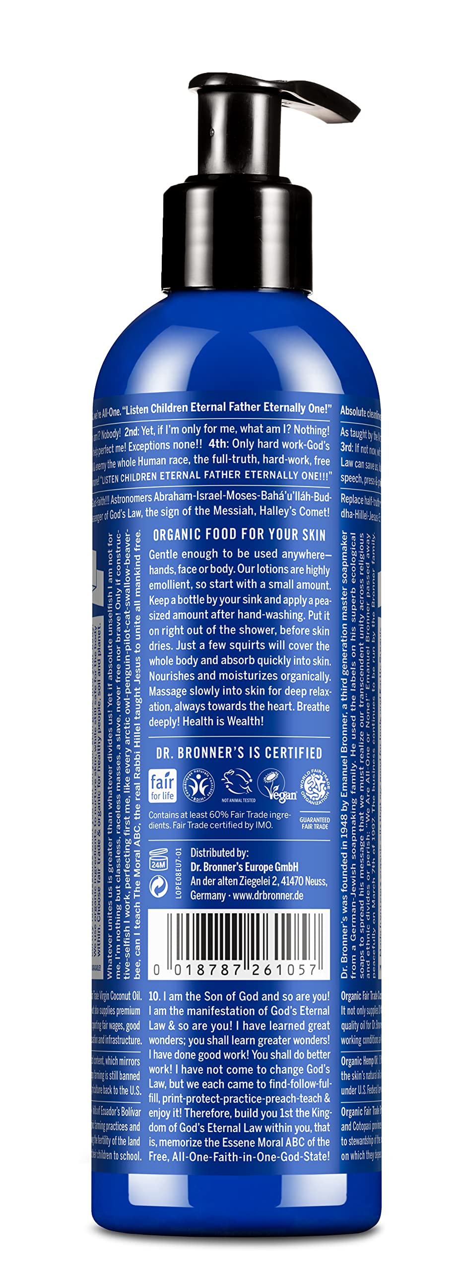 Dr. Bronner's close-up of pump and lotion texture for quick absorption