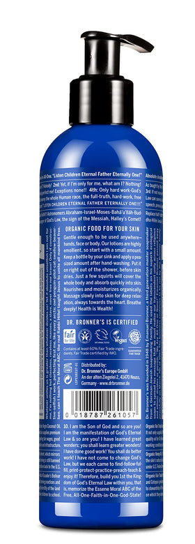 Dr. Bronner's close-up of pump and lotion texture for quick absorption