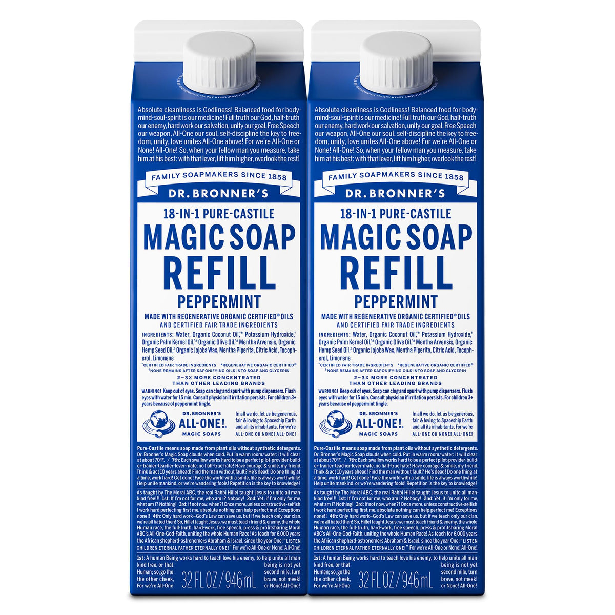 Dr. Bronner's peppermint refill front packaging showing sustainable carton and size