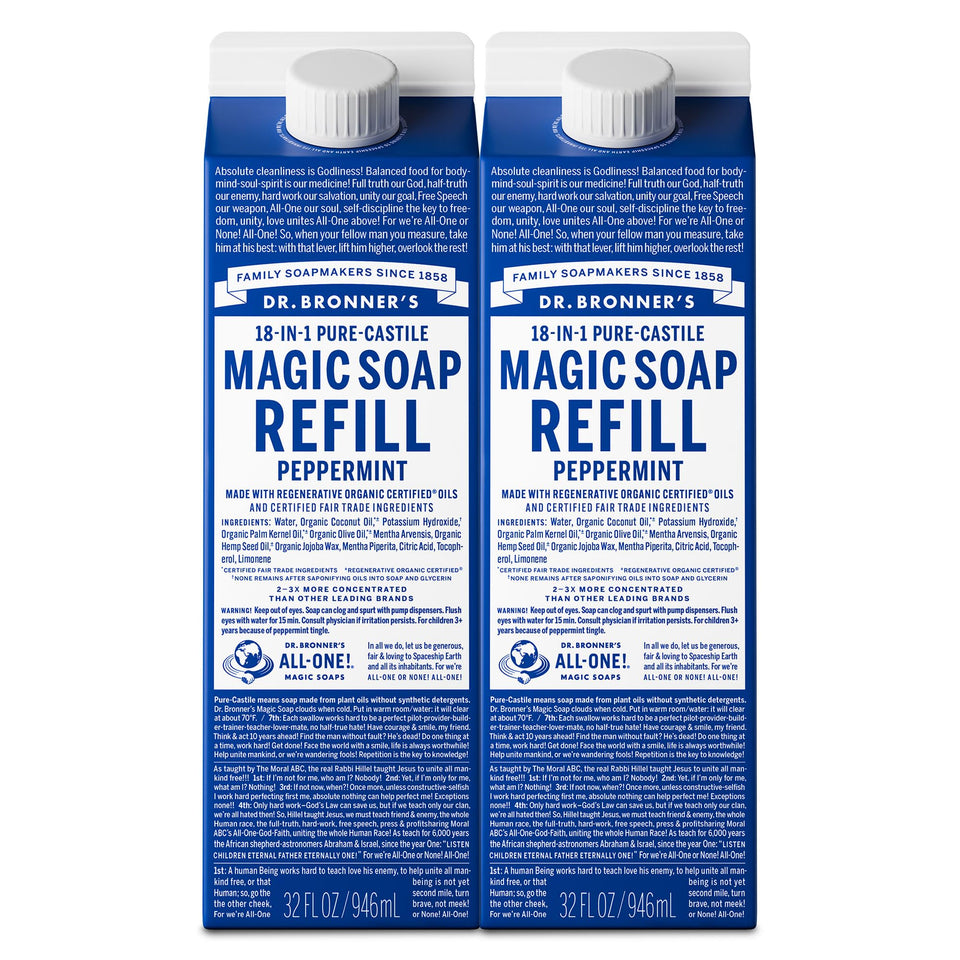 Dr. Bronner's peppermint refill front packaging showing sustainable carton and size