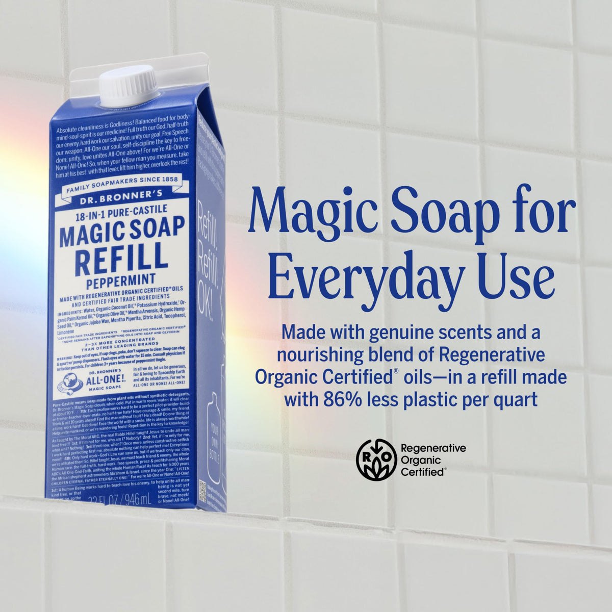 Dr. Bronner's being poured from carton into bottle for easy refill