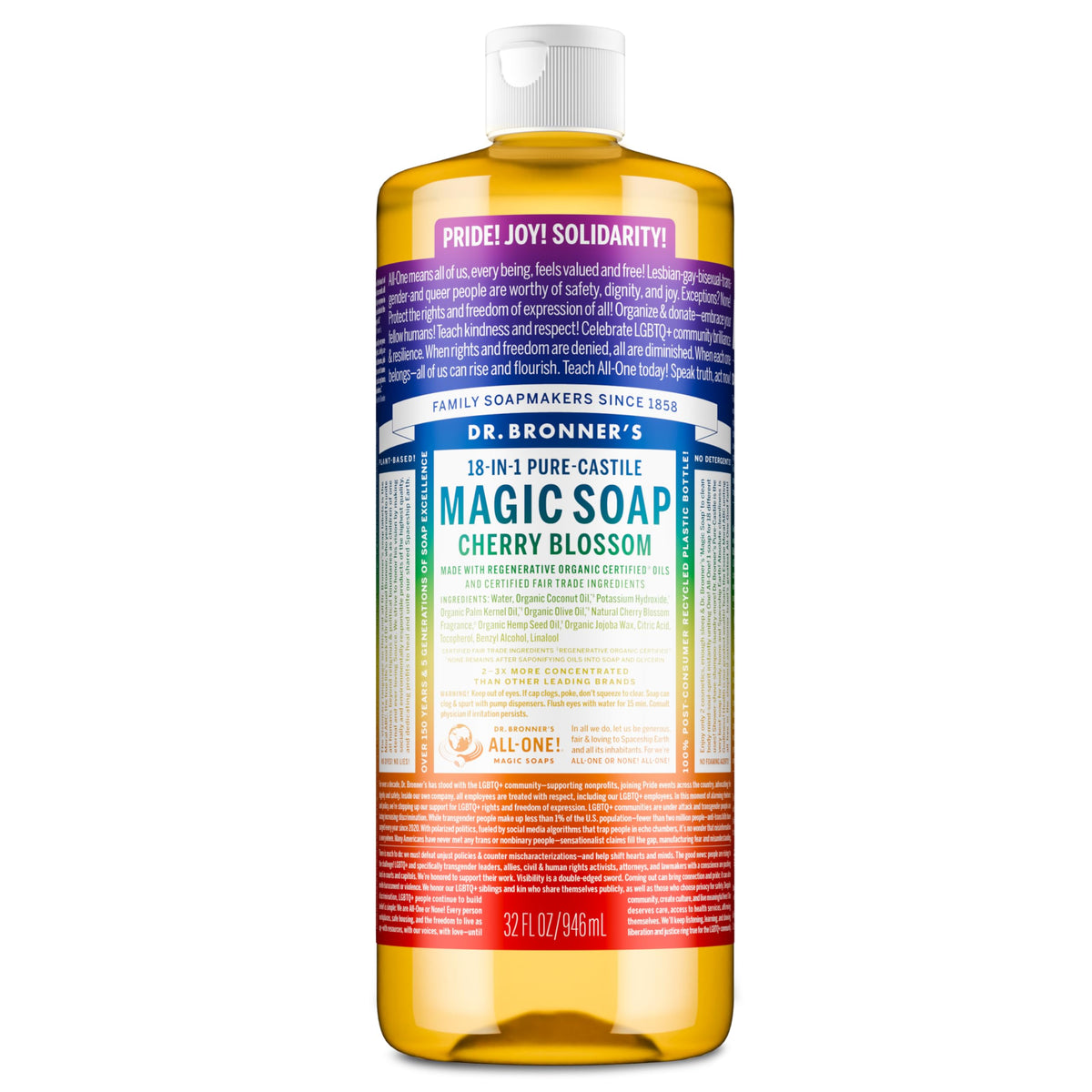 Dr. Bronner's front packaging showing Pride label and Cherry Blossom scent benefits