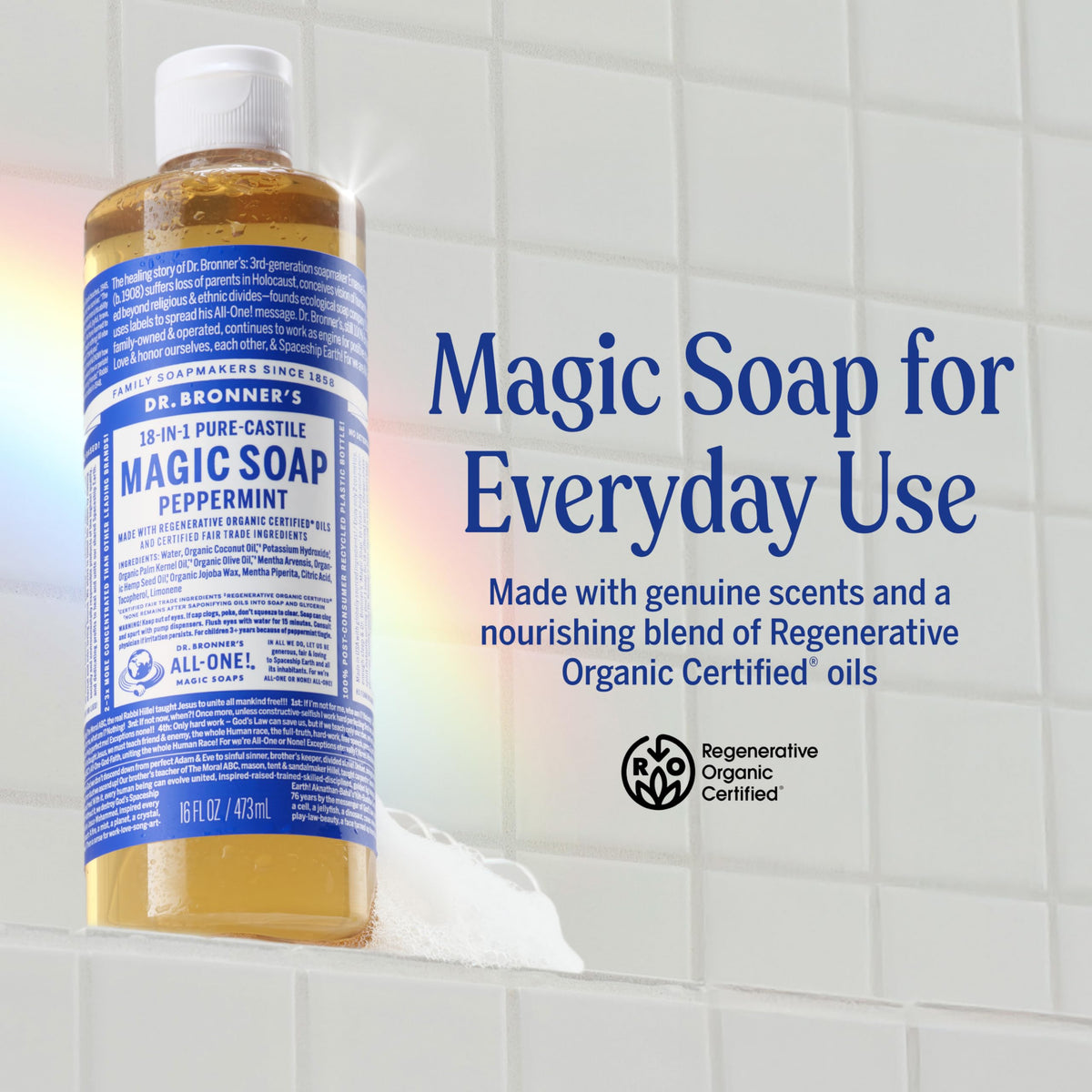 Dr. Bronner's pump closeup highlighting dispenser ease and concentrated control