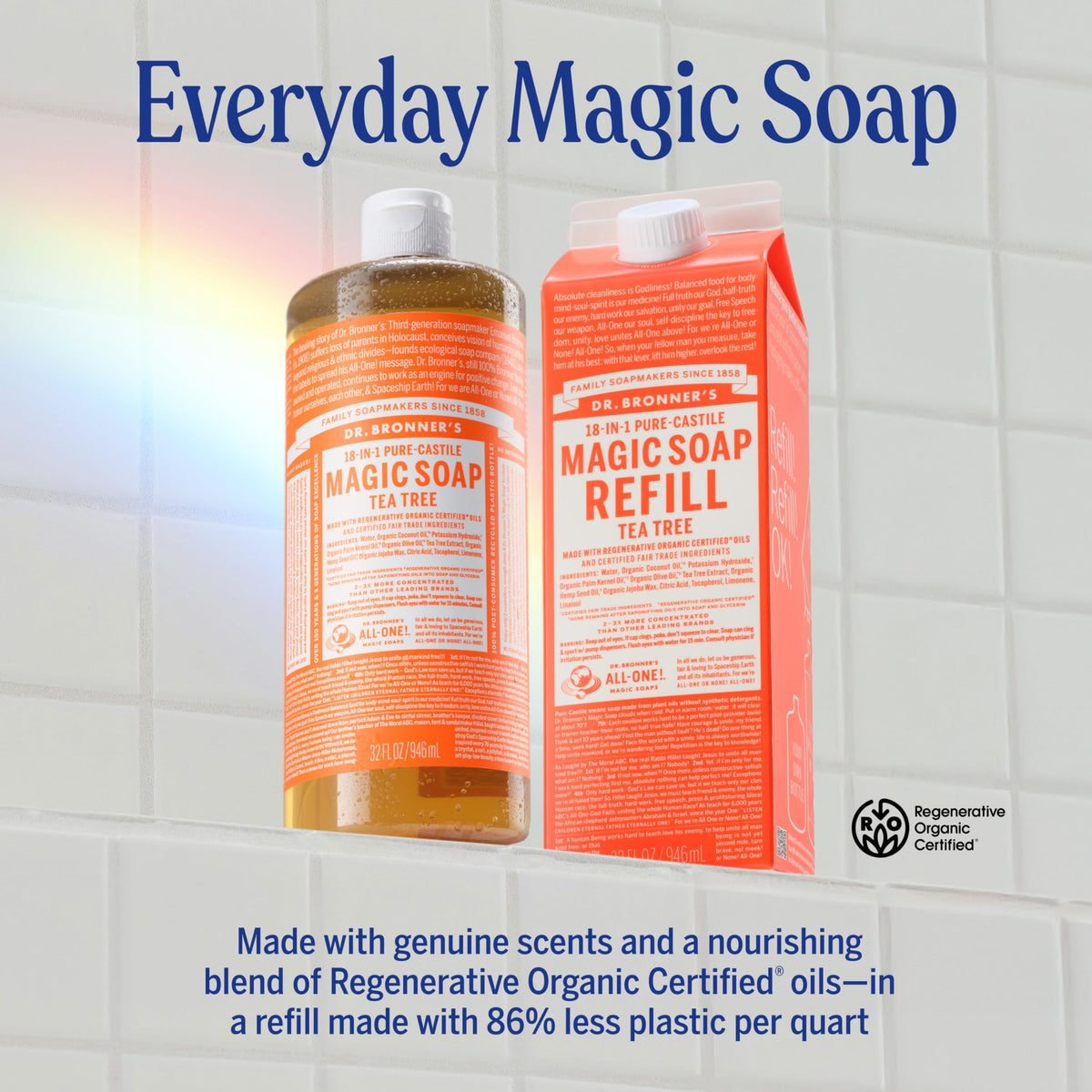 Dr. Bronner's pump dispensing diluted soap into hands for convenient daily use