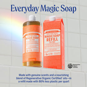 Dr. Bronner's pump dispensing diluted soap into hands for convenient daily use